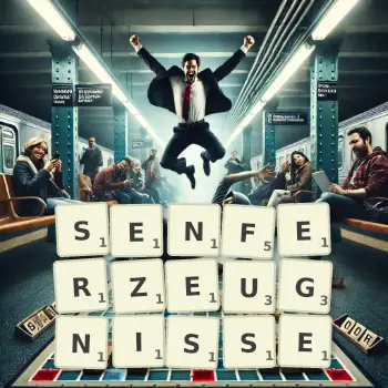 Kreative Illustration für ein Scrabble-Spiel, bei dem das Wort SENFERZEUGNISSE mit Steinen auf dem Brett gelegt wurde.