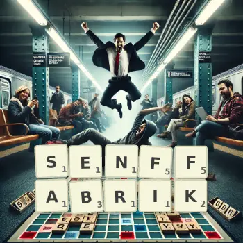 Kreative Illustration für ein Scrabble-Spiel, bei dem das Wort SENFFABRIK mit Steinen auf dem Brett gelegt wurde.