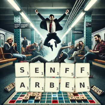 Kreative Illustration für ein Scrabble-Spiel, bei dem das Wort SENFFARBEN mit Steinen auf dem Brett gelegt wurde.