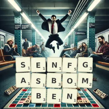 Kreative Illustration für ein Scrabble-Spiel, bei dem das Wort SENFGASBOMBEN mit Steinen auf dem Brett gelegt wurde.