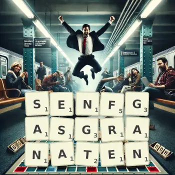 Kreative Illustration für ein Scrabble-Spiel, bei dem das Wort SENFGASGRANATEN mit Steinen auf dem Brett gelegt wurde.