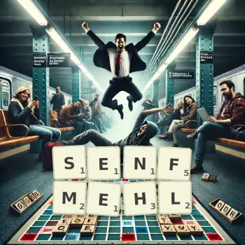 Kreative Illustration für ein Scrabble-Spiel, bei dem das Wort SENFMEHL mit Steinen auf dem Brett gelegt wurde.