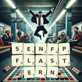 Kreative Illustration für ein Scrabble-Spiel, bei dem das Wort SENFPFLASTERN mit Steinen auf dem Brett gelegt wurde.