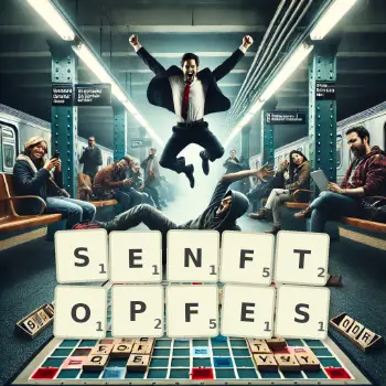 Kreative Illustration für ein Scrabble-Spiel, bei dem das Wort SENFTOPFES mit Steinen auf dem Brett gelegt wurde.