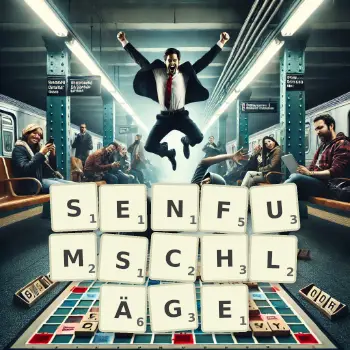 Kreative Illustration für ein Scrabble-Spiel, bei dem das Wort SENFUMSCHLÄGE mit Steinen auf dem Brett gelegt wurde.