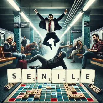 Kreative Illustration für ein Scrabble-Spiel, bei dem das Wort SENILE mit Steinen auf dem Brett gelegt wurde.
