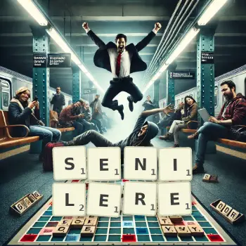 Kreative Illustration für ein Scrabble-Spiel, bei dem das Wort SENILERE mit Steinen auf dem Brett gelegt wurde.