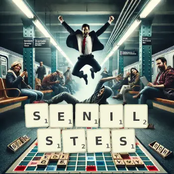 Kreative Illustration für ein Scrabble-Spiel, bei dem das Wort SENILSTES mit Steinen auf dem Brett gelegt wurde.