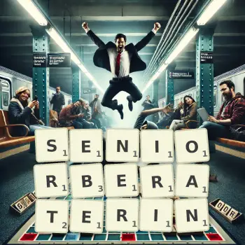 Kreative Illustration für ein Scrabble-Spiel, bei dem das Wort SENIORBERATERIN mit Steinen auf dem Brett gelegt wurde.