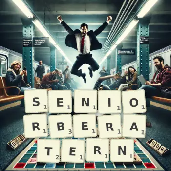 Kreative Illustration für ein Scrabble-Spiel, bei dem das Wort SENIORBERATERN mit Steinen auf dem Brett gelegt wurde.