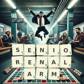 Kreative Illustration für ein Scrabble-Spiel, bei dem das Wort SENIORENALARM mit Steinen auf dem Brett gelegt wurde.