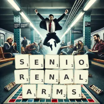 Kreative Illustration für ein Scrabble-Spiel, bei dem das Wort SENIORENALARMS mit Steinen auf dem Brett gelegt wurde.