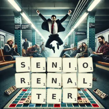 Kreative Illustration für ein Scrabble-Spiel, bei dem das Wort SENIORENALTER mit Steinen auf dem Brett gelegt wurde.