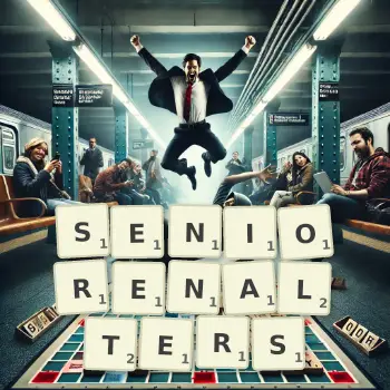 Kreative Illustration für ein Scrabble-Spiel, bei dem das Wort SENIORENALTERS mit Steinen auf dem Brett gelegt wurde.