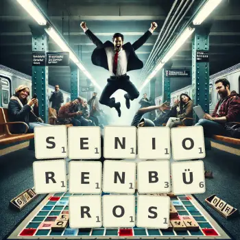 Kreative Illustration für ein Scrabble-Spiel, bei dem das Wort SENIORENBÜROS mit Steinen auf dem Brett gelegt wurde.