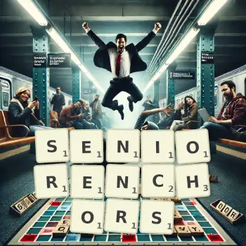 Kreative Illustration für ein Scrabble-Spiel, bei dem das Wort SENIORENCHORS mit Steinen auf dem Brett gelegt wurde.