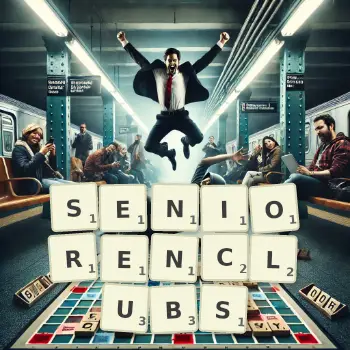 Kreative Illustration für ein Scrabble-Spiel, bei dem das Wort SENIORENCLUBS mit Steinen auf dem Brett gelegt wurde.