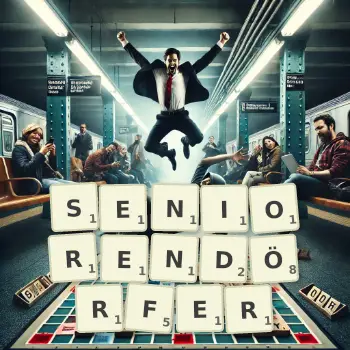 Kreative Illustration für ein Scrabble-Spiel, bei dem das Wort SENIORENDÖRFER mit Steinen auf dem Brett gelegt wurde.