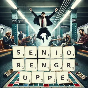 Kreative Illustration für ein Scrabble-Spiel, bei dem das Wort SENIORENGRUPPE mit Steinen auf dem Brett gelegt wurde.