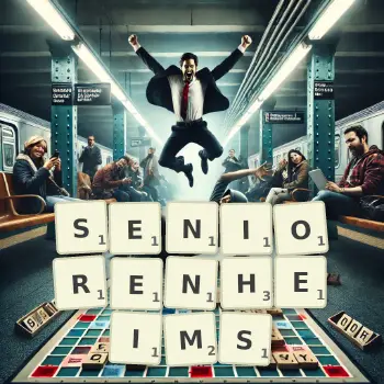 Kreative Illustration für ein Scrabble-Spiel, bei dem das Wort SENIORENHEIMS mit Steinen auf dem Brett gelegt wurde.