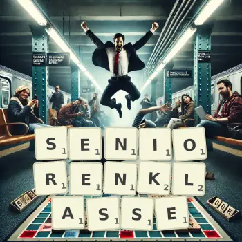 Kreative Illustration für ein Scrabble-Spiel, bei dem das Wort SENIORENKLASSE mit Steinen auf dem Brett gelegt wurde.