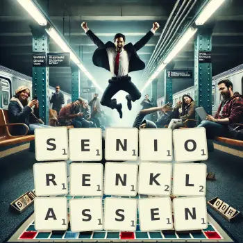 Kreative Illustration für ein Scrabble-Spiel, bei dem das Wort SENIORENKLASSEN mit Steinen auf dem Brett gelegt wurde.