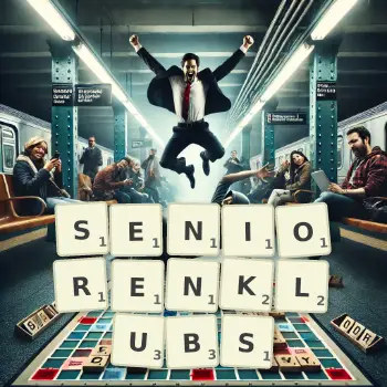 Kreative Illustration für ein Scrabble-Spiel, bei dem das Wort SENIORENKLUBS mit Steinen auf dem Brett gelegt wurde.