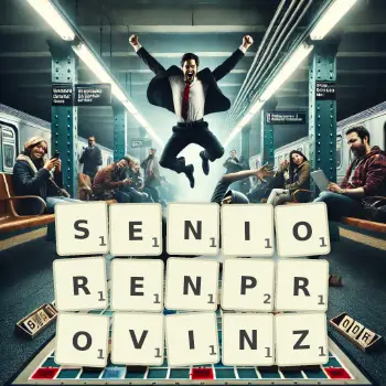 Kreative Illustration für ein Scrabble-Spiel, bei dem das Wort SENIORENPROVINZ mit Steinen auf dem Brett gelegt wurde.