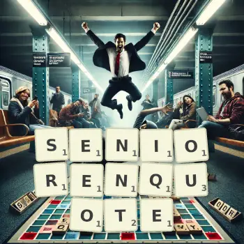 Kreative Illustration für ein Scrabble-Spiel, bei dem das Wort SENIORENQUOTE mit Steinen auf dem Brett gelegt wurde.