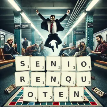 Kreative Illustration für ein Scrabble-Spiel, bei dem das Wort SENIORENQUOTEN mit Steinen auf dem Brett gelegt wurde.