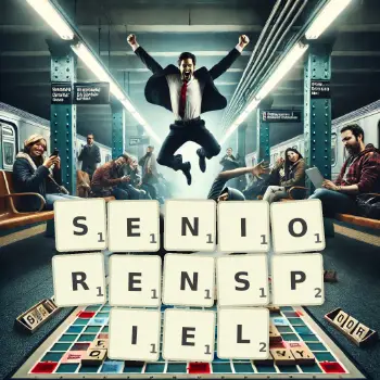 Kreative Illustration für ein Scrabble-Spiel, bei dem das Wort SENIORENSPIEL mit Steinen auf dem Brett gelegt wurde.