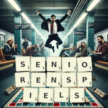 Kreative Illustration für ein Scrabble-Spiel, bei dem das Wort SENIORENSPIELS mit Steinen auf dem Brett gelegt wurde.
