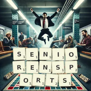 Kreative Illustration für ein Scrabble-Spiel, bei dem das Wort SENIORENSPORTS mit Steinen auf dem Brett gelegt wurde.