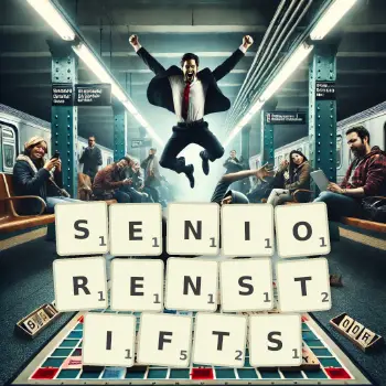 Kreative Illustration für ein Scrabble-Spiel, bei dem das Wort SENIORENSTIFTS mit Steinen auf dem Brett gelegt wurde.