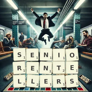 Kreative Illustration für ein Scrabble-Spiel, bei dem das Wort SENIORENTELLERS mit Steinen auf dem Brett gelegt wurde.
