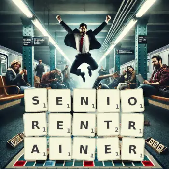 Kreative Illustration für ein Scrabble-Spiel, bei dem das Wort SENIORENTRAINER mit Steinen auf dem Brett gelegt wurde.