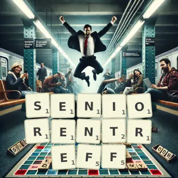 Kreative Illustration für ein Scrabble-Spiel, bei dem das Wort SENIORENTREFF mit Steinen auf dem Brett gelegt wurde.