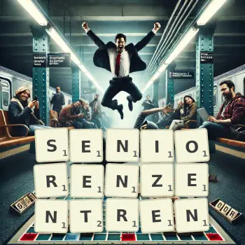 Kreative Illustration für ein Scrabble-Spiel, bei dem das Wort SENIORENZENTREN mit Steinen auf dem Brett gelegt wurde.