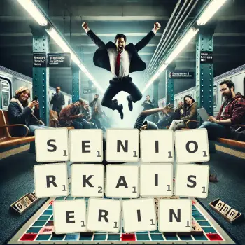Kreative Illustration für ein Scrabble-Spiel, bei dem das Wort SENIORKAISERIN mit Steinen auf dem Brett gelegt wurde.