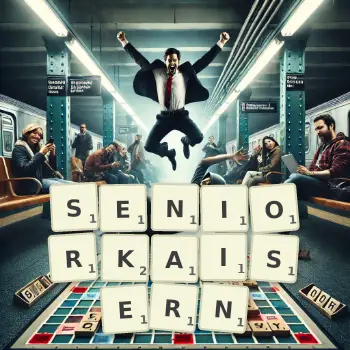 Kreative Illustration für ein Scrabble-Spiel, bei dem das Wort SENIORKAISERN mit Steinen auf dem Brett gelegt wurde.