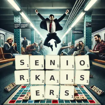 Kreative Illustration für ein Scrabble-Spiel, bei dem das Wort SENIORKAISERS mit Steinen auf dem Brett gelegt wurde.