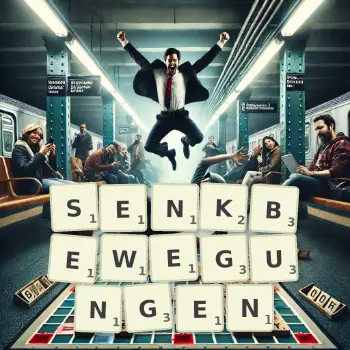 Kreative Illustration für ein Scrabble-Spiel, bei dem das Wort SENKBEWEGUNGEN mit Steinen auf dem Brett gelegt wurde.