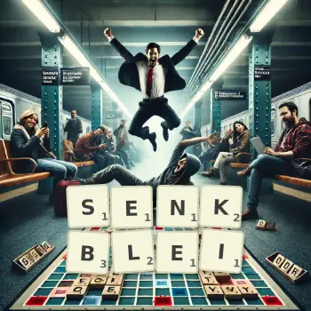 Kreative Illustration für ein Scrabble-Spiel, bei dem das Wort SENKBLEI mit Steinen auf dem Brett gelegt wurde.