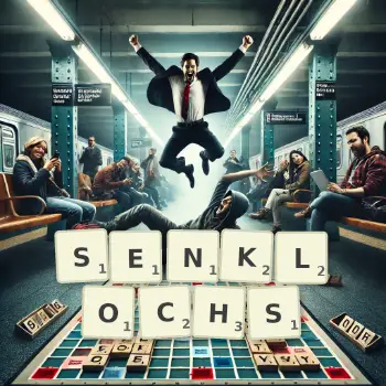 Kreative Illustration für ein Scrabble-Spiel, bei dem das Wort SENKLOCHS mit Steinen auf dem Brett gelegt wurde.