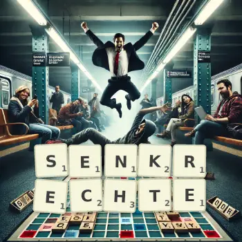 Kreative Illustration für ein Scrabble-Spiel, bei dem das Wort SENKRECHTE mit Steinen auf dem Brett gelegt wurde.