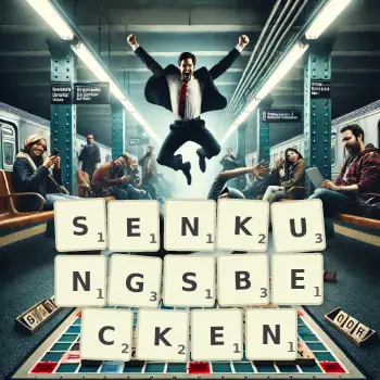 Kreative Illustration für ein Scrabble-Spiel, bei dem das Wort SENKUNGSBECKEN mit Steinen auf dem Brett gelegt wurde.
