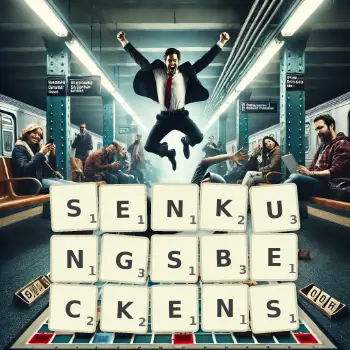 Kreative Illustration für ein Scrabble-Spiel, bei dem das Wort SENKUNGSBECKENS mit Steinen auf dem Brett gelegt wurde.