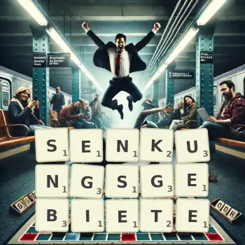 Kreative Illustration für ein Scrabble-Spiel, bei dem das Wort SENKUNGSGEBIETE mit Steinen auf dem Brett gelegt wurde.