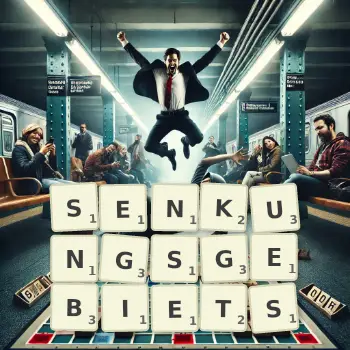 Kreative Illustration für ein Scrabble-Spiel, bei dem das Wort SENKUNGSGEBIETS mit Steinen auf dem Brett gelegt wurde.