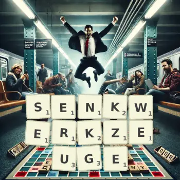 Kreative Illustration für ein Scrabble-Spiel, bei dem das Wort SENKWERKZEUGE mit Steinen auf dem Brett gelegt wurde.